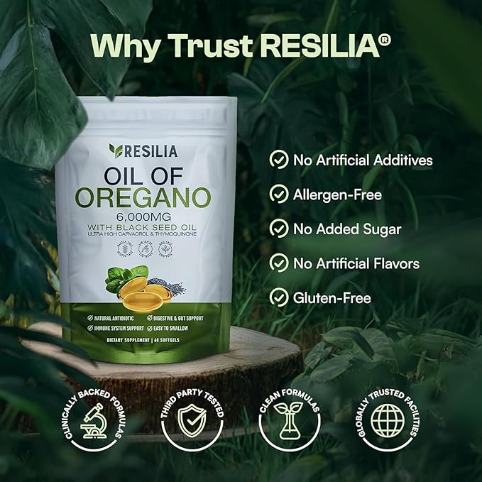 Resilia Softgels with Black Seed Oil 6000mg – Organic Oregano Oil Capsules for Immune & Digestive Support – Non-GMO, Gluten-Free Softgels – Natural Herbal Wellness Supplement (60 Count)