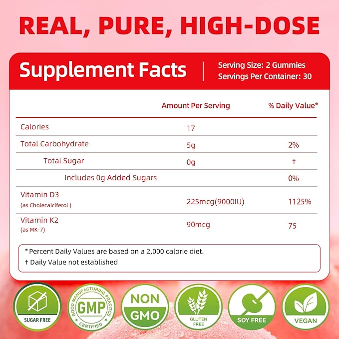 Vitamin D3 K2 Gummies - 90 Count Sugar Free Vitamin D3 9000 IU + K2(MK-7) 90 mcg for Bone & Immune Health, Vegan Chewable K2 D3 Vitamin Supplement for Women Men (Peach Flavor)