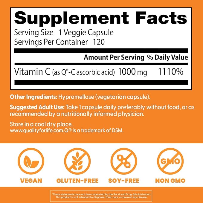 Doctor's Best Vitamin C 1000mg Supplement for Men & Women - Vegan Vitamin C Capsules as Q-C Ascorbic Acid, Immune Health Support for Adults, Non GMO, Gluten Free, Soy Free - 120 Veg Caps