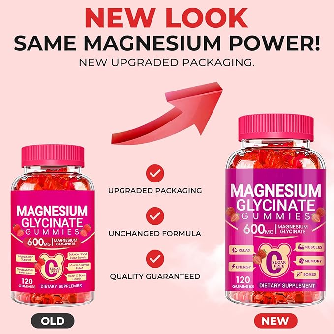Magnesium Glycinate Gummies 600mg, Chewable Sugar Free Potassium Magnesium Gummies with Magnesium Glycinate, Vitamin D, B6, and CoQ10 for Zzz, Relaxation, Brain and Muscle, 60 Days Supply