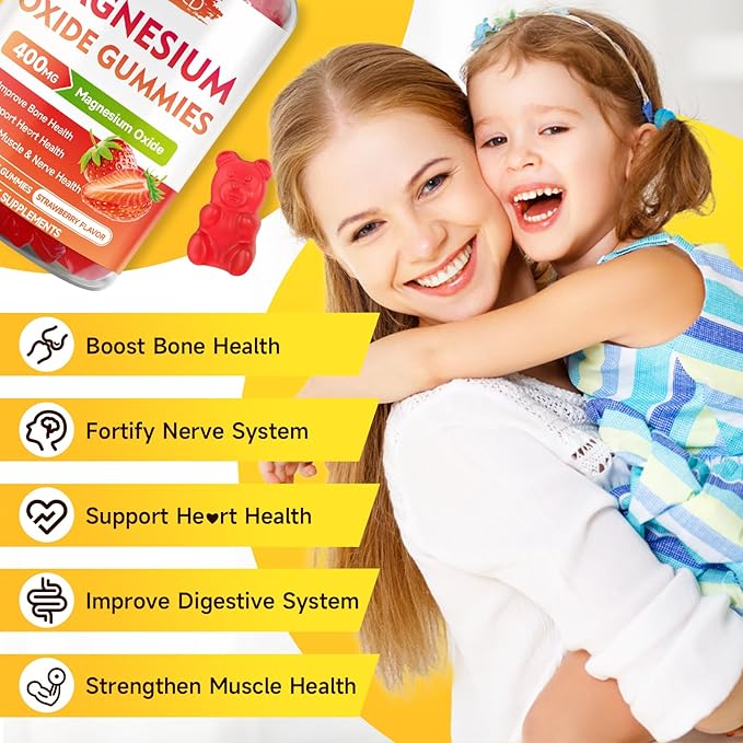 2 Pack Magnesium Oxide Gummies 400mg, Chewable Magnesium Oxide Supplement for Adults & Kids, Muscle Function Support, Non-GMO, Sugar-Free, Strawberry Flavor, 120 Count