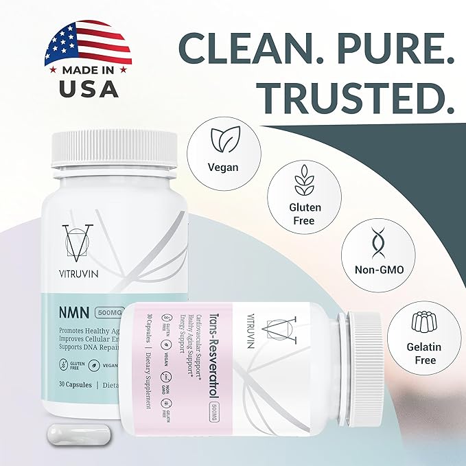 VITRUVIN Longevity Supplement - NMN 500MG + Trans-Resveratrol 500MG with Piperine - Vegan, Non-GMO, Gluten-Free, Gelatin-Free