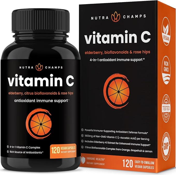 NutraChamps Vitamin C 1000mg with Rose Hips, Vitamin C Supplement with Elderberry & Citrus Bioflavonoids, Kids Immune Boosting Supplement, 500mg Capsules Pill