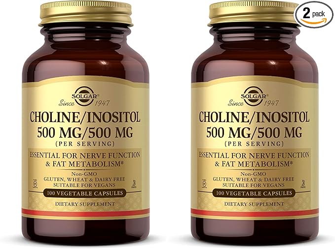 Solgar Choline/Inositol 500 mg/500 mg,100 Vegetable Capsules-Energy Metabolism,Liver Health,Essential for Brain&Nerve Function-Non-GMO,Vegan,Gluten Free,Dairy Free,Kosher-50 Servings,(Pack of 2)