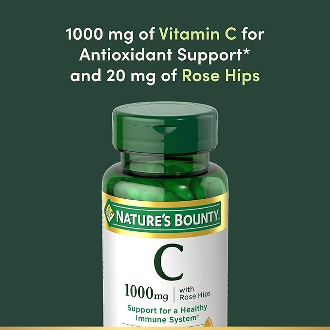 Nature’s Bounty Vitamin C + Rose HIPS, Immune Support, 1000mg Vitamin C, Coated Caplets, 1 Serving per Day, Vegetarian Caplets, 100 Ct