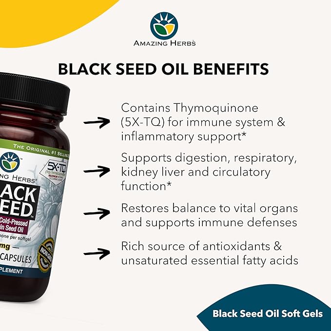 Amazing Herbs Premium Black Seed Oil Capsules - Gluten Free, Non GMO, Cold Pressed Nigella Sativa Aids in Digestive Health, Immune Support- 90 Count, (Pack of 1)