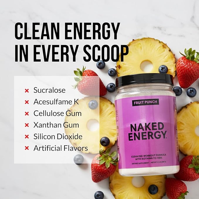 NAKED Fruit Punch Energy - Clean Pre Workout Supplement for Men and Women, NSF Certified, Vegan Friendly, No Added Sweeteners, Colors Or Flavors - 30 Servings