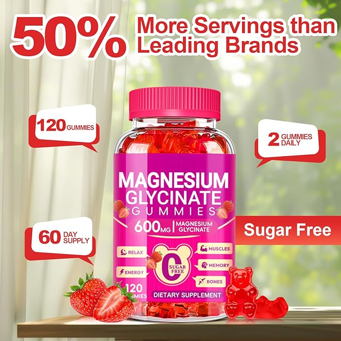 Magnesium Glycinate Gummies 600mg, Chewable Sugar Free Potassium Magnesium Gummies with Magnesium Glycinate, Vitamin D, B6, and CoQ10 for Zzz, Relaxation, Brain and Muscle, 60 Days Supply