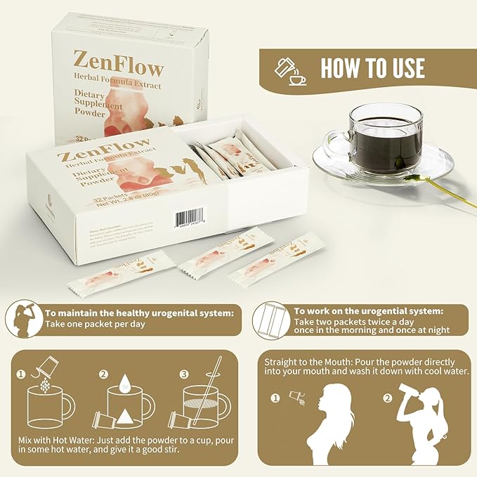 ZenFlow, PMS and Menstrual Support Supplement, TCM, Dong Quai, Promote Healthy Uterus, Kideny and Bladder, Promote Urogenital Function, Women's Health, (64 Packets - 2 Boxes)