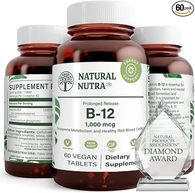Natural Nutra Vitamin B12 1000 mcg, Cobalamin B 12 Supplement, Calcium Phosphate, Help in Metabolism Health, Supports Nervous System, Optimal Absorption, Gluten Free, Sugar Free, 60 Vegan Tablets