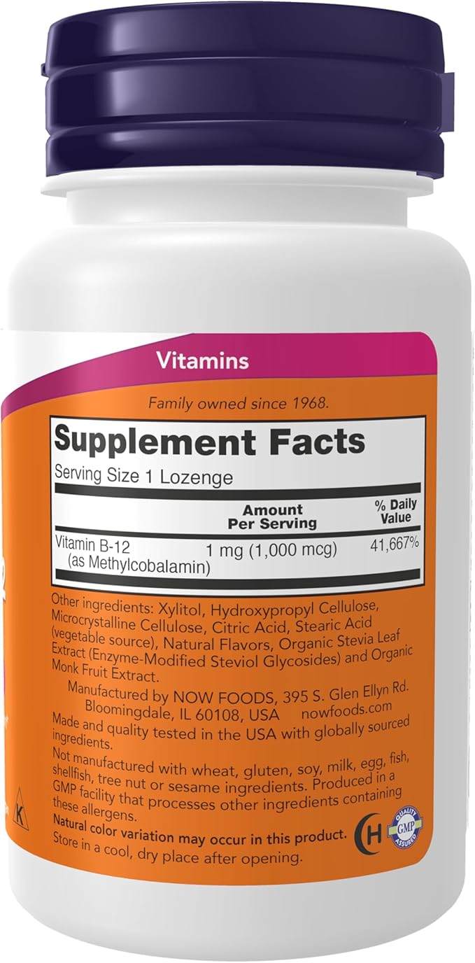 NOW Foods Supplements, Methyl B-12 (Methylcobalamin) 1,000 mcg, Nervous System Health*, 100 Lozenges (Pack of 2)