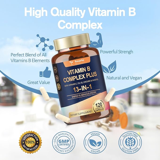 13-in-1 Vitamin B Complex Plus with Vitamin B1, B2, B3 (Niacin), B4, B5, B6, B7 (Biotin), B8 (Inositol), B9 (Folate), B12, C, D3, K2 for Energy, Nerve, Immune, Skin - 120 Caps per Bottle - 2 Bottles