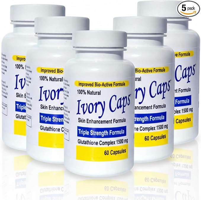 Ivory Caps Glutathione Complex 1500mg – Triple Strength Skin Enhancement Formula with Alpha Lipoic Acid & Milk Thistle – High Potency Glutathione Capsules – Vegan, Non-GMO – 60 Capsules x 5 Bottles