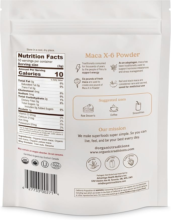 Organic Traditions Maca X 6 Powder, Maca Root Black Red and Yellow, Traditionally Used in Peru for Vitality and Daily Energy, Concentrated Superfood for Daily Wellnes for Men and Women, 150g / 5.3oz