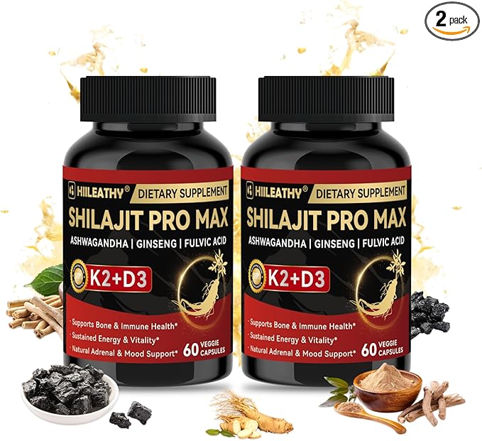 2 Pack Shilajit for Men Women, Shilajit w/Vitamin D3 K2, Shilajits for Men w/Fulvic Acid Ashwagandha, Shilajits for Extra Power Stamina Immune Support, Non-GMO Made in US 60 Capsules