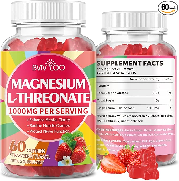 1000mg Magnesium L-Threonate Gummies for Kids & Adults - Muscle & Nervous System Support, Vegan, Sugar-Free Strawberry Flavor, 60 Gummies