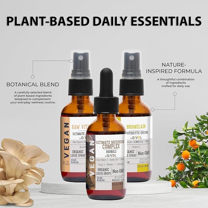 Inflammation Defense Bundle: Ultimate Mushroom Complex with Lions Mane, Reishi, Cordyceps & Chaga, Raw Vitamin C, and Bromelain | Non-GMO | Gluten-Free | Sugar-Free | 2 Fl Oz | 240-Days Supply