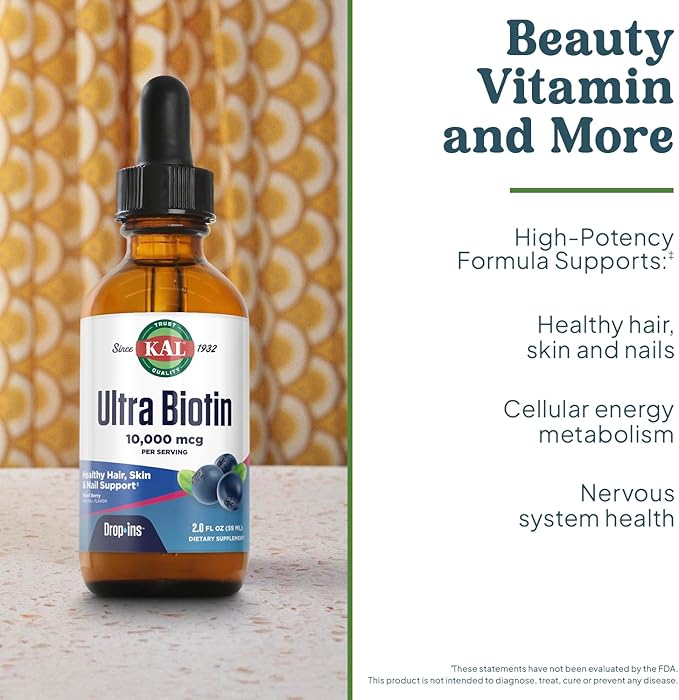 KAL Ultra Biotin 10,000mcg DropIns -Liquid Biotin Drops- High Potency Vitamin B7 - Hair, Skin, and Nails Vitamins, Cellular Energy Support - Natural Berry Flavor - 60-Day Guarantee - 59 Servings, 2oz