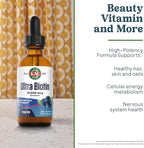 KAL Ultra Biotin 10,000mcg DropIns -Liquid Biotin Drops- High Potency Vitamin B7 - Hair, Skin, and Nails Vitamins, Cellular Energy Support - Natural Berry Flavor - 60-Day Guarantee - 59 Servings, 2oz
