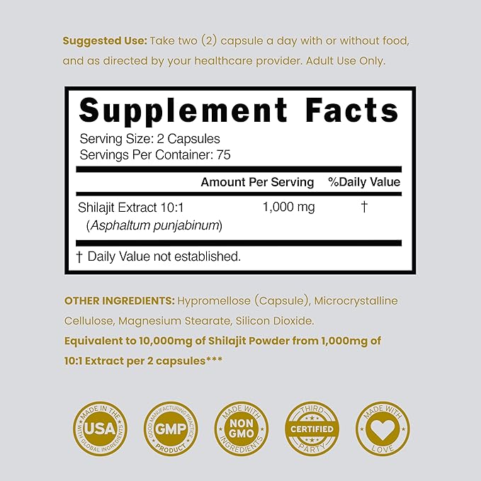 Shilajit Capsules with 85+ Trace Minerals (75 Day Supply, 1000mg Extract per Serving) Himalayan Shilajit for Men & Women with Fulvic Acid - Third Party Tested Supplement, Non GMO, Vegan & USA Made