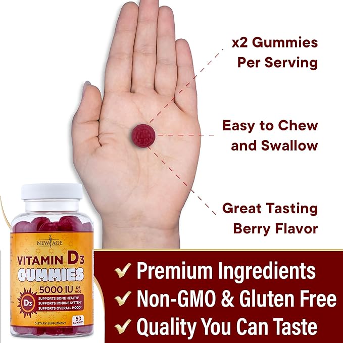 NEW AGE Vitamin D3 5000 IU 125mcg Gummies - Immune Supplement - Non-GMO, Gluten-Free, Dairy-Free, No Gelatin (60 Gummies (Pack of 1))
