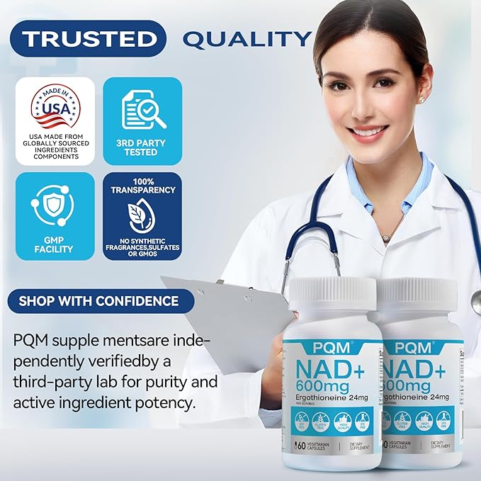 PQM NAD+ 600mg with Ergothioneine 24mg | Supports Cellular Energy, Anti Aging & Vitality | 99% Pure NAD Supplement | 60 Vegetarian Capsules Third-Party Tested