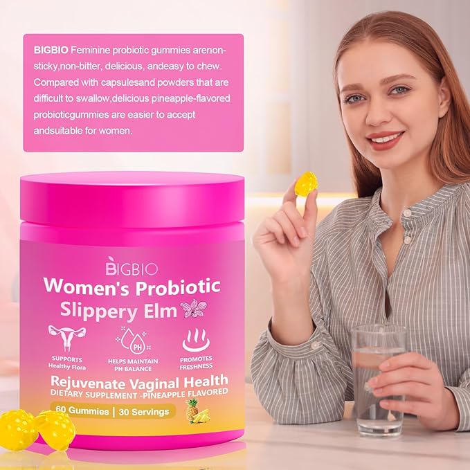 Feminine Probiotics Gummies, Slippery Elm for Women, Vaginal Health Supplement for pH Balance, Odor Control, Yeast Balance, Flora Immune Support, Suagr-Free, Veagn, Pineapple Flavor, 60 Count