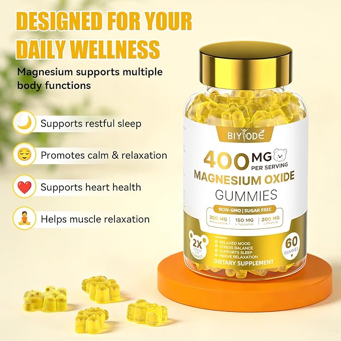 Magnesium Gummies Supplement with Magnesium Oxide L-Theanine Ashwagandha Vitamin D3 & B6 Supports Relaxation Mood Balance Sleep Wellness & Stress Management Sugar-Free Orange Flavor 60 Count