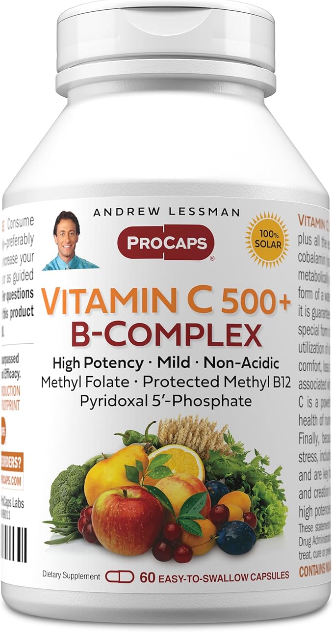 ANDREW LESSMAN Vitamin C 500 Plus B-Complex 60 Capsules - Non-Acidic Vitamin C Plus Citrus Bioflavonoids for Immune System and Anti-Oxidant Support. Easy-to-Swallow Capsules. No Additives