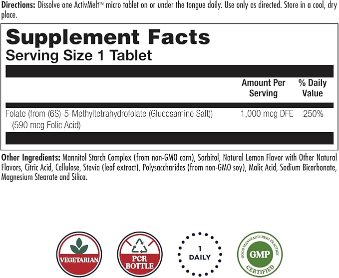 KAL Methyl Folate 1000 mcg - 5-MTHF Active Form, Folic Acid Supplement for Women and Men, Heart Health, Prenatal, Brain Support for Adults, Vegetarian, Natural Lemon ActivMelt - 60 Micro Tablets