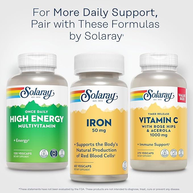 SOLARAY Iron Capsules 50mg - Iron Supplement for Women and Men w/Parsley and Yellow Dock Root, Supports Body's Natural Production of Red Blood Cells, 60-Day Guarantee, 60 Servings