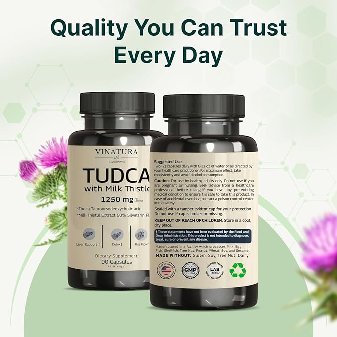 VINATURA TUDCA Milk Thistle 1250mg - Tudca Supplement, Tudca Bile Salts, Liver Support, Gallbladder Supplements *USA Made and Tested* Bile Salts Supplement - 90 Capsules
