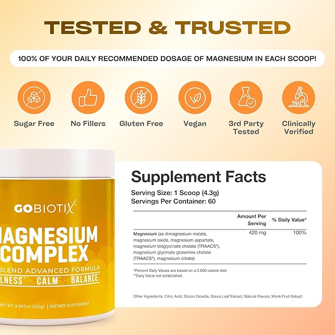 GoBiotix Magnesium Glycinate Powder – Cortisol Supplements for Women and Men – High Absorption Magnesium Complex Calm Supplement with Citrate, Malate – Sugar Free – 420 mg, 60 Servings - Honey Citrus