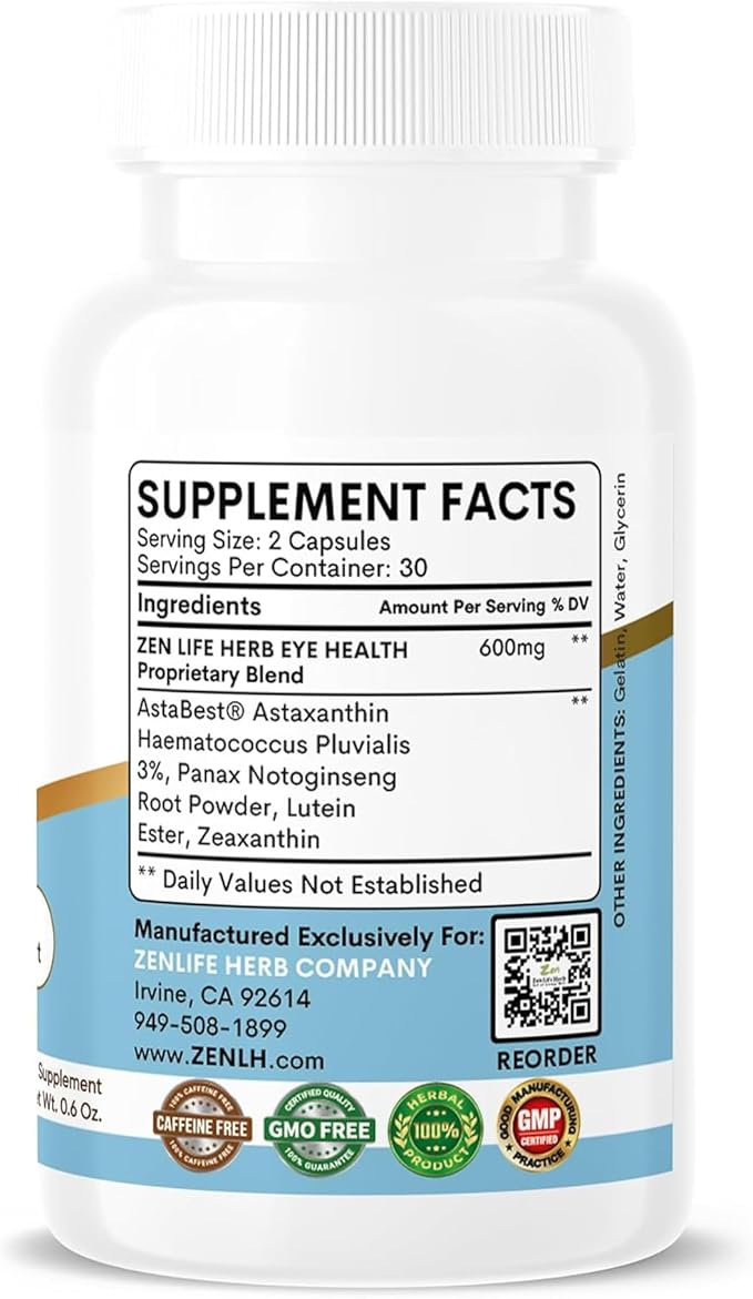 ZEN LIFE HERB Eye Health with Panax Notoginseng Astaxanthin Lutein and Zeaxanthin (60 Capsules) | GMP Certified