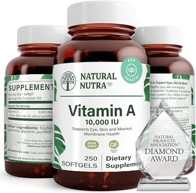 Natural Nutra Vitamin A 10,000 IU Softgels – High Potency Eye and Skin Vitamins – Gluten-Free Vitamin A Supplement for Sight & Skin Health – Fish Liver Oil for Men and Women, Gluten Free, 250 Softgels