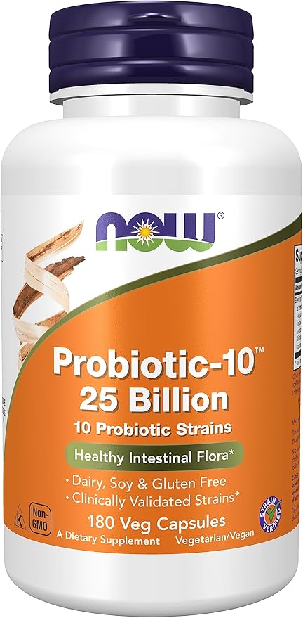 NOW Foods, Probiotic-10™, 25 Billion, with 10 Probiotic Strains, Dairy, Soy and Gluten Free, Strain Verified, 180 Veg Capsules