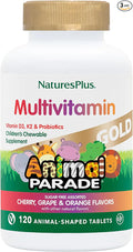 NaturesPlus Animal Parade Gold Children's Multivitamin - Assorted Cherry, Orange & Grape Flavors - 120 Animal-Shaped Chewable Tablets, Pack of 3 - Vegan, Gluten Free - 180 Total Servings