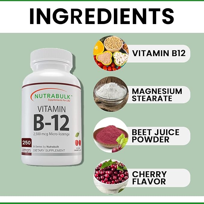 NutraBulk Vitamin B12 2500 mcg Quick Dissolve Lozenges - Cherry Flavored B-12 Sublingual - B12 Vitamins Supplement (as Cyanocobalamin) for Energy & Red Blood Cell Support - Made in USA (250 Count)