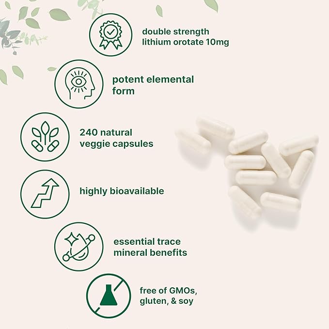 Lithium Orotate 10mg, 240 Veggie Capsules | 5mg Per Capsules | High Bioavailability Trace Mineral | Healthy Aging, Brain Supplement, & Mood Support | Non-GMO, Gluten Free