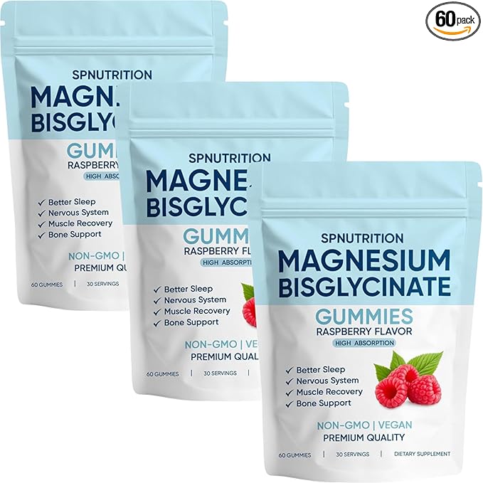 Spnutrition Magnesium Bisglycinate Gummies – 400mg Magnesium Bisglycinate Chelate, with Sea Salt & Raspberry Fruit Powder – Vegan, 60 Gummies