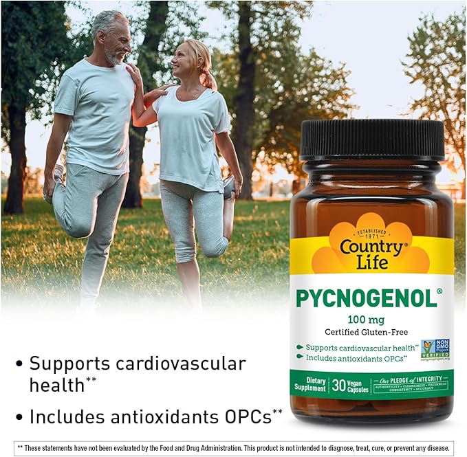 Country Life Pycnogenol 100mg - French Maritime Pine Bark Extract Antioxidants Supplement - Supports Cardiovascular Health - No Yeast, Corn, Wheat, Soy, Milk, Salt, Preservatives - 30 Capsules