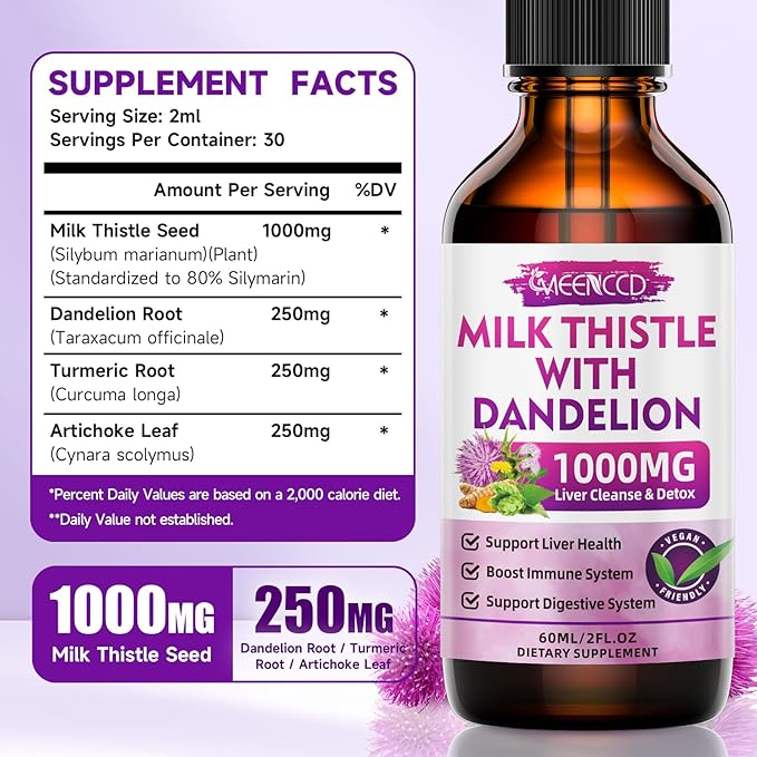 2 Pack Milk Thistle Liquid Drops - Milk Thistle Supplement with Silymarin, Antioxidant Support, Vegan, Non-GMO, 4 Fl Oz