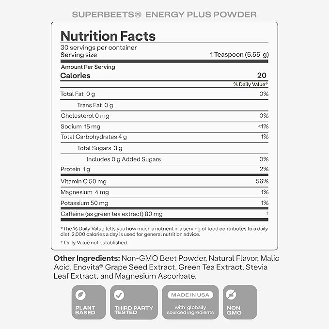 Humann SuperBeets Energy Plus with Grape Seed Extract - Beet Root Powder, Green Tea Extract, Caffeine, Vitamin C, Non-GMO, 5.87oz