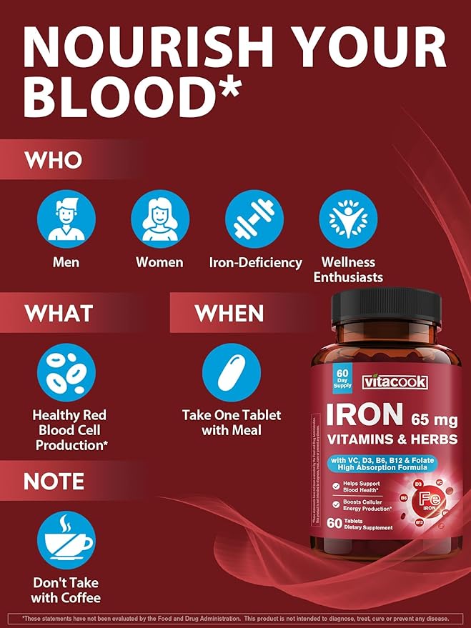 Iron Supplement 65mg, with Vitamin C, D3, B6, B12 & Folate, Spinach, Broccoli, Beet Root, Pumpkin Seeds, Dandelion & Carrots, Blood Building & Energy Support, 60 Tablets