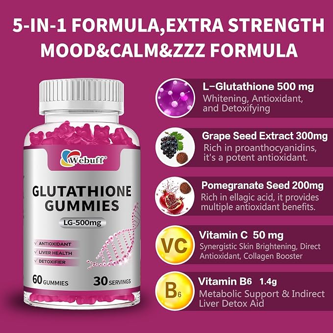 Glutathione Gummies with Collagen 500mg Vitamin C & B6 Skin Glow Hair & Nail Support Anti-Aging Antioxidant Sugar-Free Non-GMO Strawberry Flavor 60 Gummies (60 Count (Pack of 1))