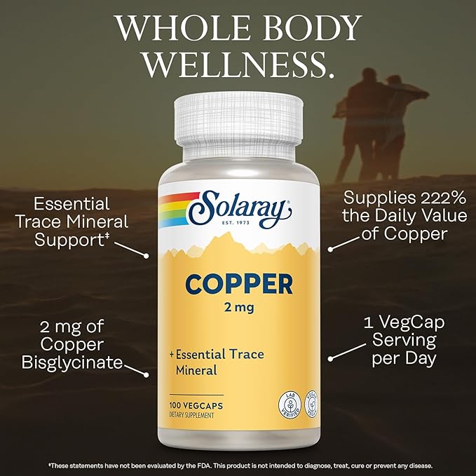 SOLARAY Copper Supplements - with Copper Bisglycinate 2mg - Trace Minerals Supplement - Essential Trace Mineral Balance and Wellness Support - Vegan, Lab Verified, 60-Day Guarantee - 100 Servings