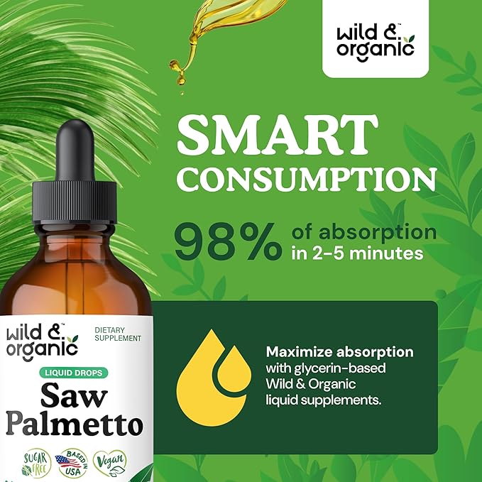 Wild & Organic Saw Palmetto for Men & Women - Urinary Tract & Hair Support - Saw Palmetto Extract Liquid Drops - Add to Tea - Serenoa Repens Berries Supplement - Vegan, Sugar & Alcohol-Free - 4 fl oz