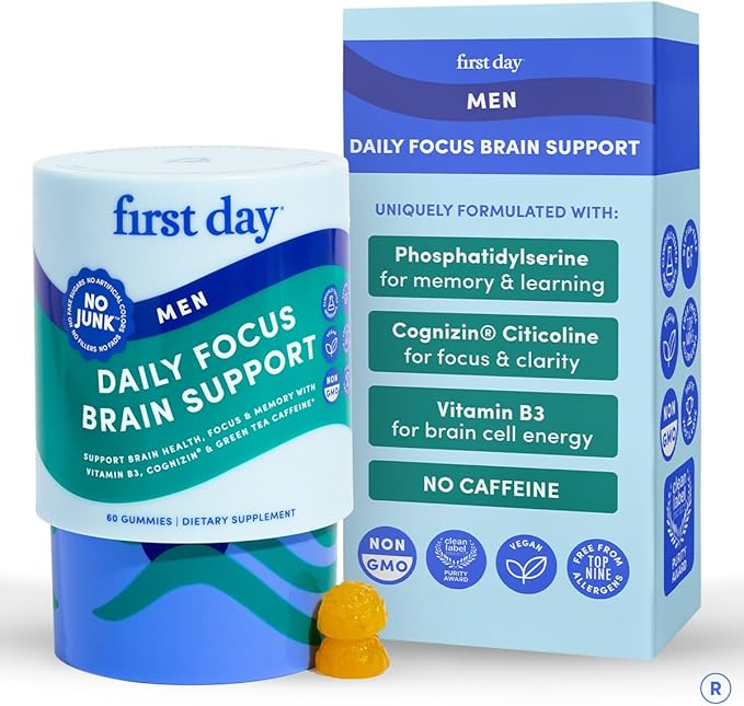 FIRST DAY Men’s Daily Nootropic Brain Supplement Gummies for Focus, Memory & Mental Energy | with Cognizin® Citicoline, Phosphatidylserine & Natural Caffeine | Vegan, Allergen-Free | 30-Day Supply