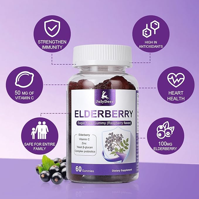 120 Gummies Sambucus Elderberry Gummies - Immune Support for Adults and kids 4+ 5 in 1 with Vitamin C, Zinc, Yeast β-glucan, Probiotics Complex, Nature Elderberry Supplement, Non-GMO, Gluten Free