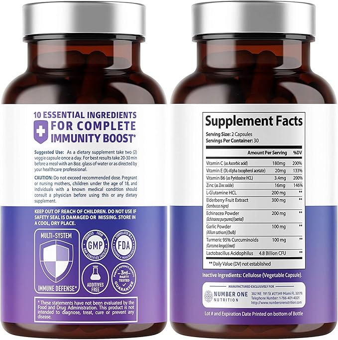 10 in 1 Immune Support Supplement [10 Potent Ingredients] with Elderberry, Vitamin C, Zinc, Echinacea, Turmeric Curcumin, Garlic and Probiotics for Adults, 60 Veg Caps